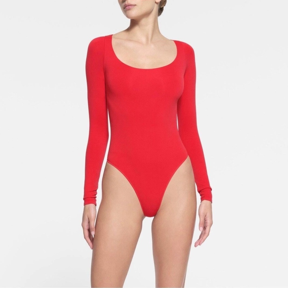 Skims NEW Poppy Red Jelly Sheer Long Sleeve Thong Bodysuit-  Size 3X